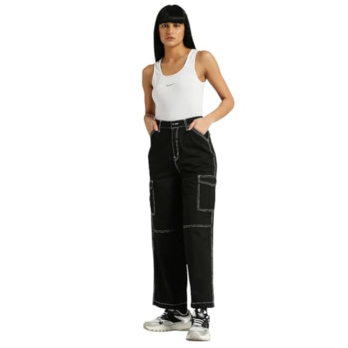 Pepe Jeans Tulip High Waist Loose Contrast Stitch Details Cargo Jet Black