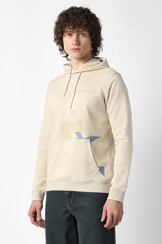 Men Beige Print Hooded Neck Sweatshirt