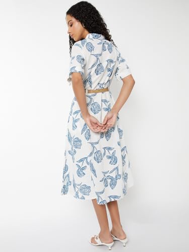 Max Women Printed Shirt Dress with Belt (White_S)