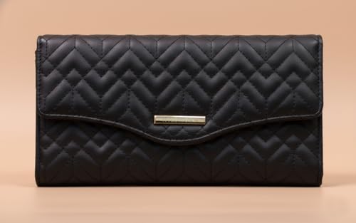 WildHorn Women’s Vegan Leather Wallet | Multiple Card Slots with ID Window | Zip Coin Pocket | Elegant Quilted Design | Spacious & Stylish Ladies Purse (Black)