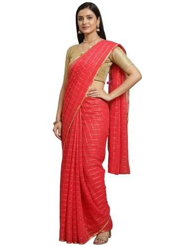 AKHILAM Women's Pink Chiffon Checkered Printed Saree With Unstitched Blouse Piece (RCFL1205_AI)