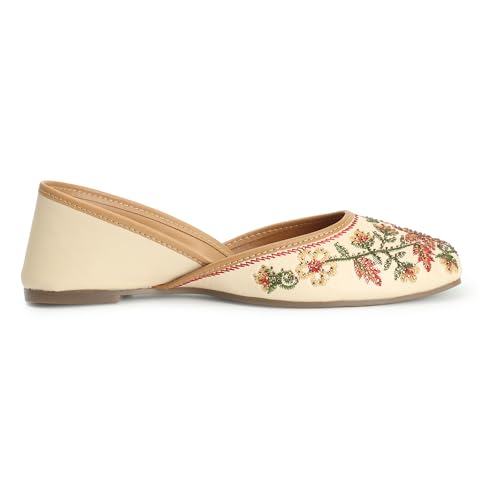 XE Looks Women's Cream Ethnic Punjabi Juttis | Traditional Embroidered Flats | Floral Design with Soft Cushioned Footbed | Comfortable & Stylish Punjabi Juttis for Girls & Women