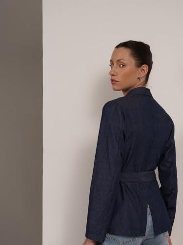 FableStreet Women Jacket | Casual Notch Lapel Button Front Regular Fit | Solid Denim Woven Fabric With Waist Belt For Daily Wear, Office & Evening Outings