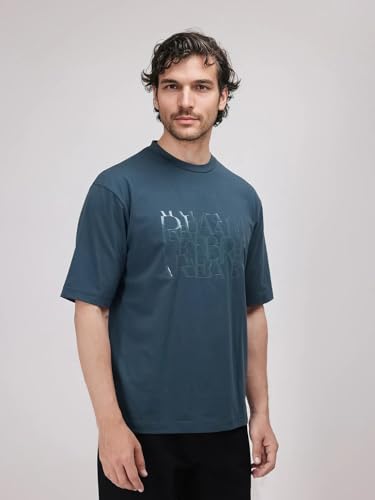 RARE RABBIT Men's Ovem Dusky Teal Cotton Blend Graphic Print Qlo Fit Half Sleeve Crew Neck T-Shirt