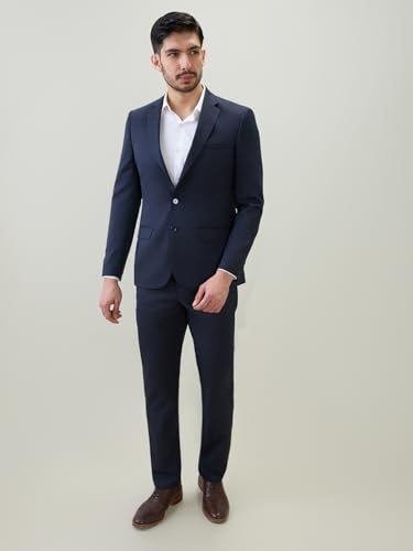 Raymond Men Contemporary Fit Solid Pattern Poly Viscose Blend Notch Lapel Full Sleeve Formal Suit Blue