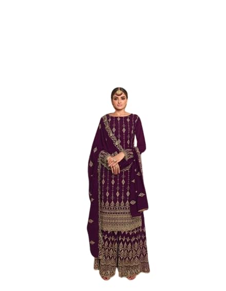 VUBA Women's Faux Georgette Embroidered Sequence Work Semi Stitched Top With Stitched georgette Sharara with Heavy Dupatta Straight Kurta Dress Material sharara suit set (VUBA-785, Purple)