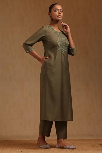 Soch Womens Olive Muslin Floral Kurta Set With Chikankari Embroidery Work