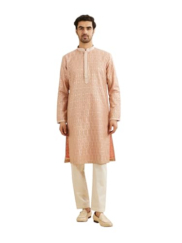Manyavar Men's Chanderi Royal Foil Print Kurta Pyjama Set (Dusty Pink,XXXL)