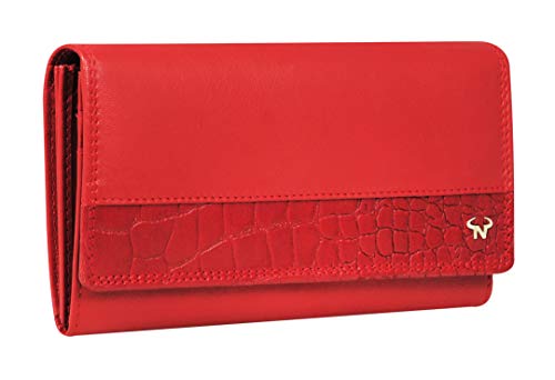 Calfnero Women's Genuine Leather Wallet-Long Purse Wallet with Multiple Card Slots, Zip Pocket and Note Compartment (Red)