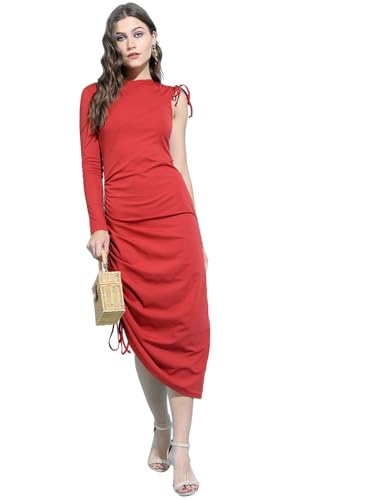 Tokyo Talkies Red One Shoulder Asymmetric Ruched Sheath Midi Dress