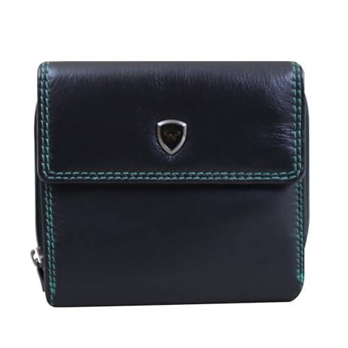 Calfnero Genuine Leather Women's Wallet-Women's Purse (Black-Green)