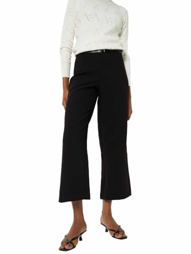 Max Women Solid Wide-Leg Crop Trousers with Belt (Black_36)