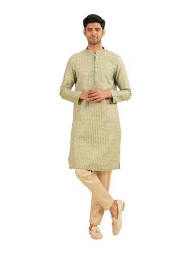 Manyavar Men's Art Silk Sequined Placket Printed Festive Kurta Set (Light Mid Green,S)