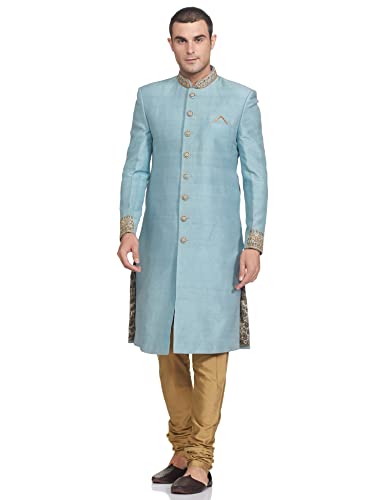Ethnix Men's Bead EMB. Sherwani with Churidar Jacket (RTSB00135-B4_Medium Blue_96)