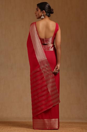 Soch Womens Fuchsia Georgette Solid Saree With Zari Woven Border And Pallu
