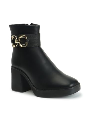 ELLE Women Block-Heel Ankle Boots with Chain Detail