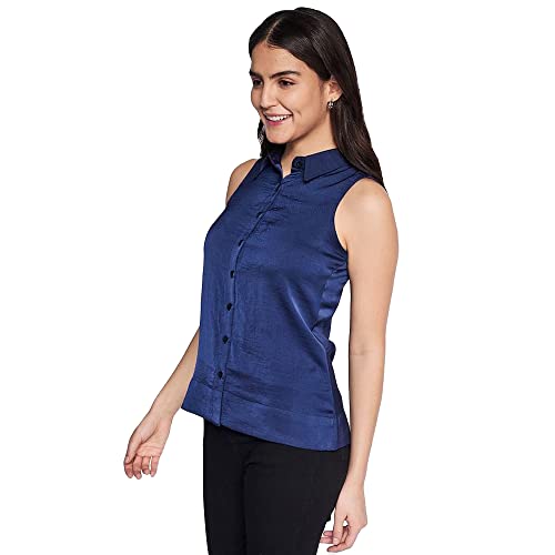 AND Solid Polyester Collar Neck Womens Top (Blue, 10)