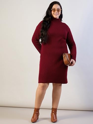 Sassafras Curve Women Maroon Acrylic Wool High Neck Short Dress XXL