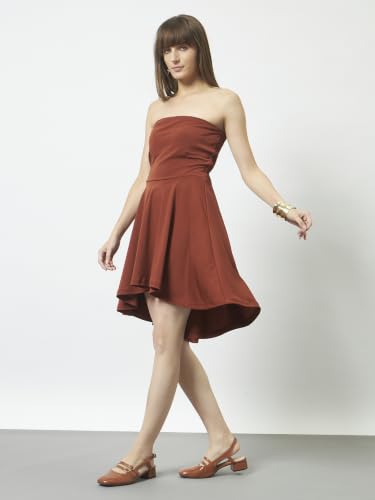 Trend Arrest.ed Women’s Strapless High-Low Dress with Smocked Back | Stretchable Bodycon Fit Short Party Dress (Rust, XL)