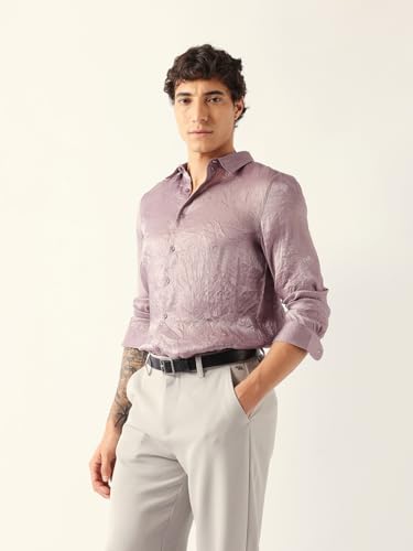 THE BEAR HOUSE Men Solid Crinkle Textured Regular Fit Shirt Purple