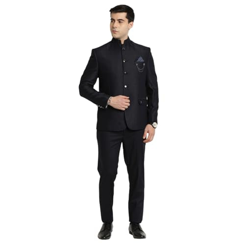 Turtle Men Poly Viscose Mandarin Collar Tailored Fit Navy Blue 2 Piece Party Suits