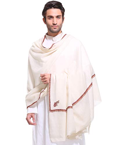 Weavers Villa Pure Pashmina Wool Kingri Hand Embroidery Light-Weight Men's Shawl, Lohi, 125cm x 250cm