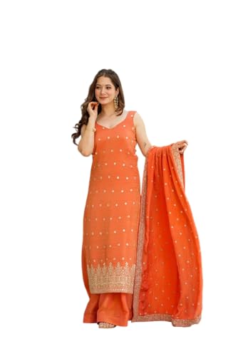 VARNI FABRICS: A lady's First Love Women's Orange Straight Ethnic Chinon Silk Kurta Set With Palazzo And Dupatta, Gold Zari Booti, Sleeveless (IN, Alpha, S, Regular)