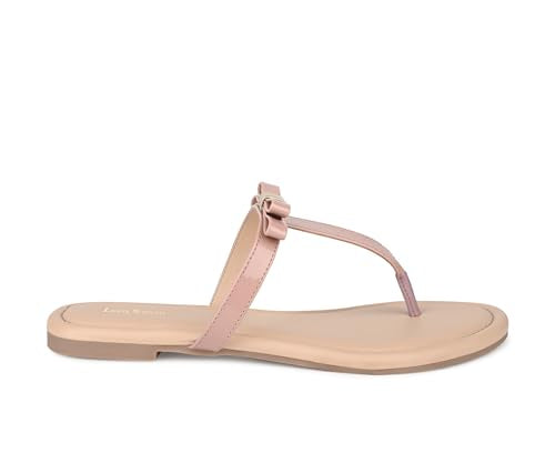 LOUIS STITCH Women’s Slip-On T-Strap Flat Sandals | Open Toe Peach Pink Stylish Sandal for Ladies, Fashionable and Comfortable Sandal | LSOF-FI01-TSNU | UK-8