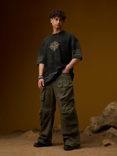 The Souled Store Nomad: Compass Men and Boys Short Sleeves Round Neck Charcoal Grey Embroidered Compass Casual Drop Shoulder Streetwear Trendy Super Oversized T-Shirt