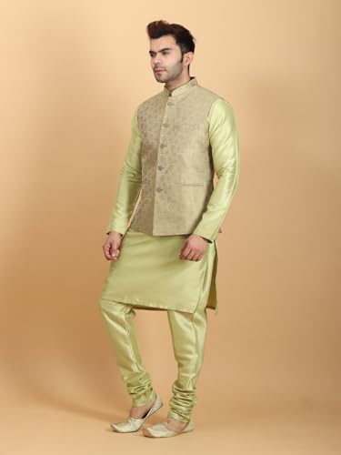 Ethluxis Men's Silk Blend Floral Kurta Pyjama Jacket Set (44, Lime), Green