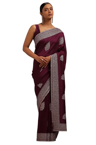 Soch Womens Magenta Tussar Embroidered Saree With Stone Work