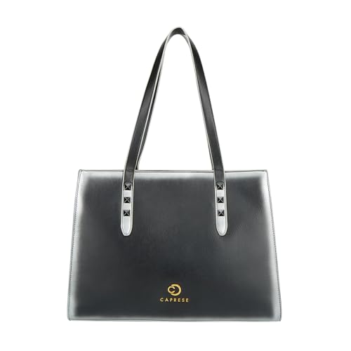 Caprese Dee Large Laptop Compatible Tote Bag for Women with Multi Compartments | Stylish Shoulder Bag with Premium Metal Letter Logo | Perfect for Daily Use Work, Office & Professionals (Black)