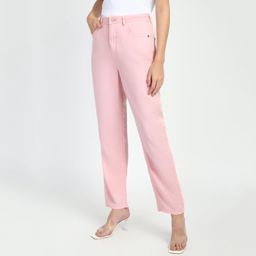 GUESS Women's Pink Lyocell Solid Relaxed Fit Jeans