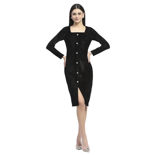 Madame Square Neck Buttoned Black Bodycon Dress for Women