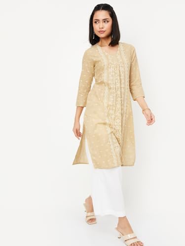 Max Women's Cotton Blend Regular Kurta (LOPKSP25BI_Beige