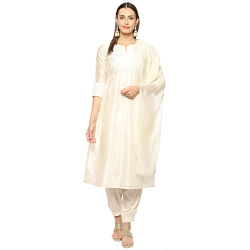 BIBA WOMEN EMBROIDERY NARROW SALWAR KURTA DUPATTA(SKDCHIKANKA8597_IVORY_42)