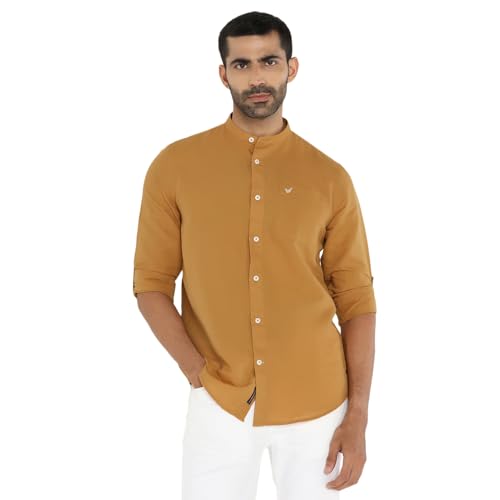 blackberrys Men?s White Linen Solid India Slim Fit (Slim Comfort) Shirt | Crisp Solid Linen Collared Long Sleeve Shirt | Size 44, Color Yellow