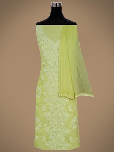 Ada Hand Embroidered Lucknowi Chikankari Unstitched Cotton Dress Material Suit Piece with Dupatta for Women 01A869268 Lime Green