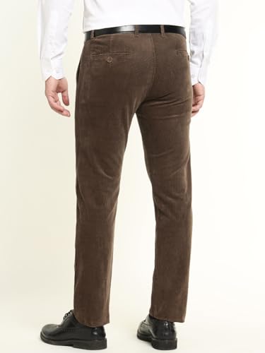 Hancock Men Cotton Solid Slim Fit Trousers Brown Size 32, Durable Fabric with a Tailored Finish, Comfortable Stretch Waistband, Machine Washable Easy Care Fabric