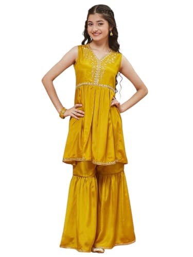 CURLY TALES ALPHA Girls Mustard Yellow Sharara Set with Sleeveless Embroidered Kurti | Traditional Indian Dress for Kids | Ethnic Festive Outfit with Gota Lace for Weddings & Celebrations
