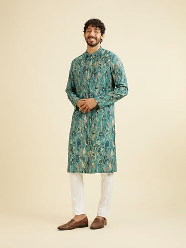 Manyavar Men's Viscose Blend Abstract Print Long Kurta (Green,M)