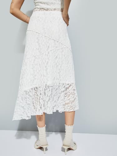Max Women Lace A-line Midi Skirt(Off White_S)