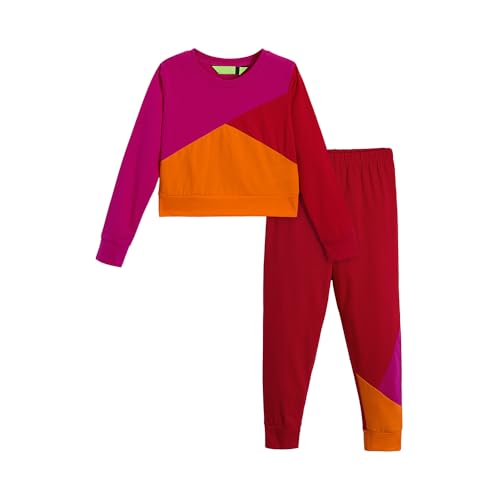 Hopscotch Girls Multi Full Sleeves 2-Pc Colourblock Cotton Jogger Set For Age (3-4 Years)