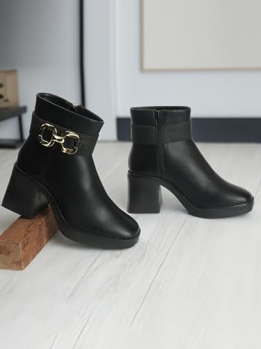 ELLE Women Block-Heel Ankle Boots with Chain Detail