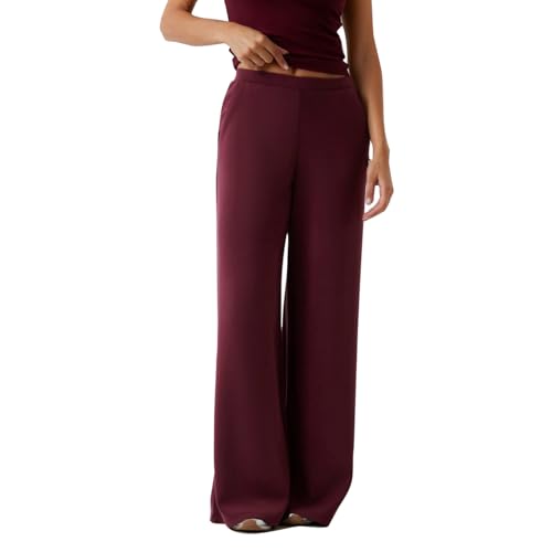 GUESS Women Solid Full Length Wide Leg Trousers Grape Violet