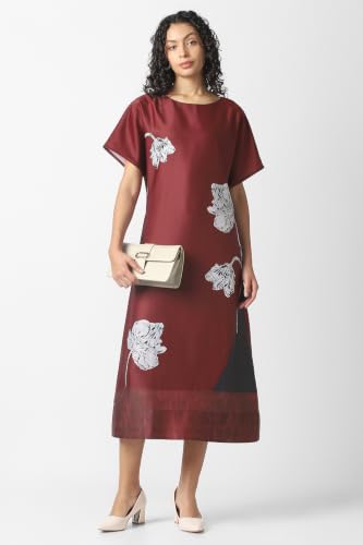 Women Maroon Print Calf-Length Party Dress