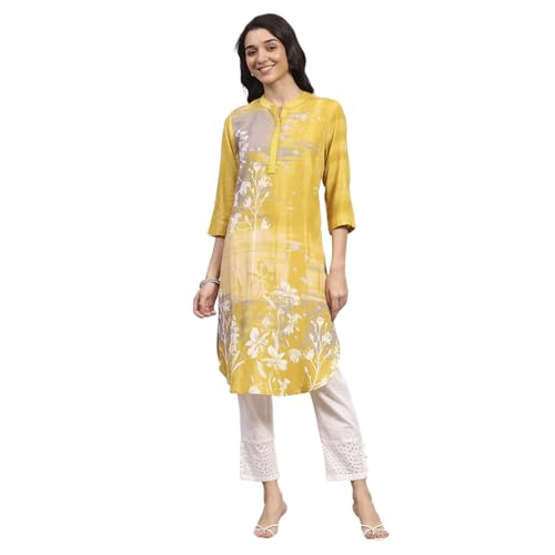 Rangriti Women's Viscose Rayon Printed Straight Kurta (RROZ25123AW25YEL_Yellow