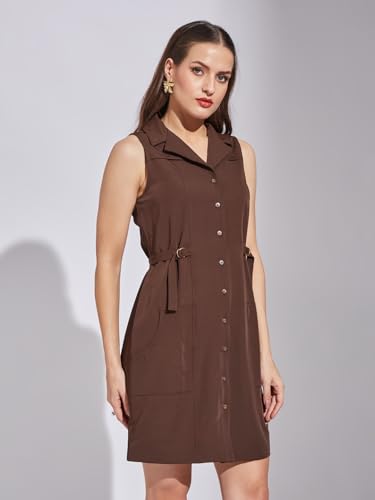Latin Quarters Women Brown Sleeveless Casual Solid Dress_M