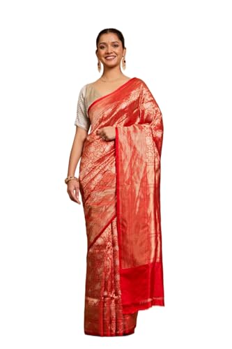 Taneira Women Red Pure Silk Cutwork Banaras Saree with Unstitched Blouse Piece (SAPH04AC5869-Red)