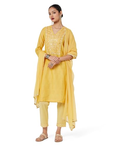 BIBA WOMEN EMBROIDERY NARROW SALWAR KURTA DUPATTA(SKD7402E_MANGO YELLOW_34)